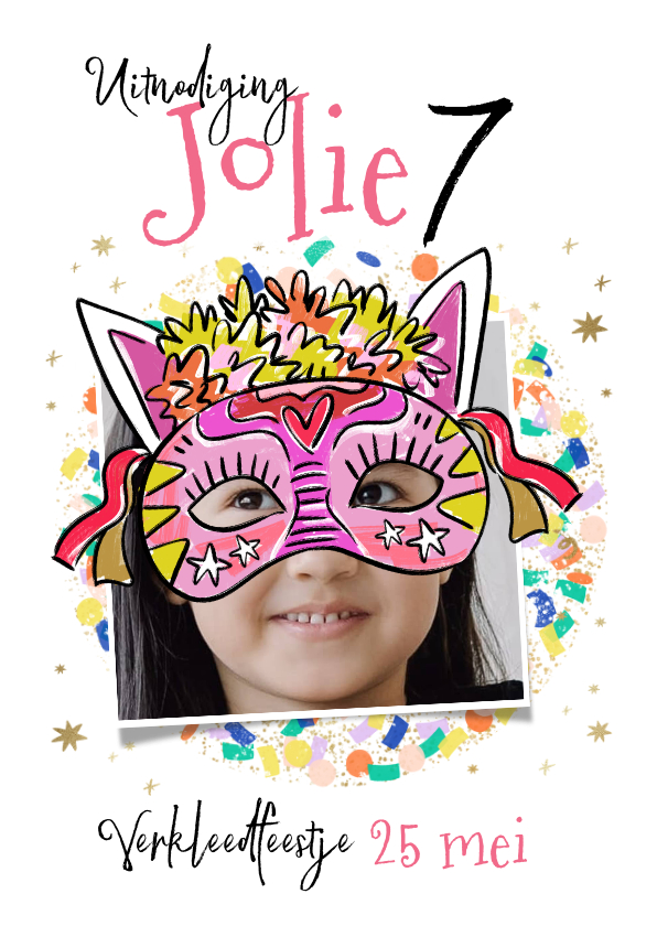 Kinderfeestjes - Vrolijke uitnodiging kinderfeest verkleedfeest masker ballon