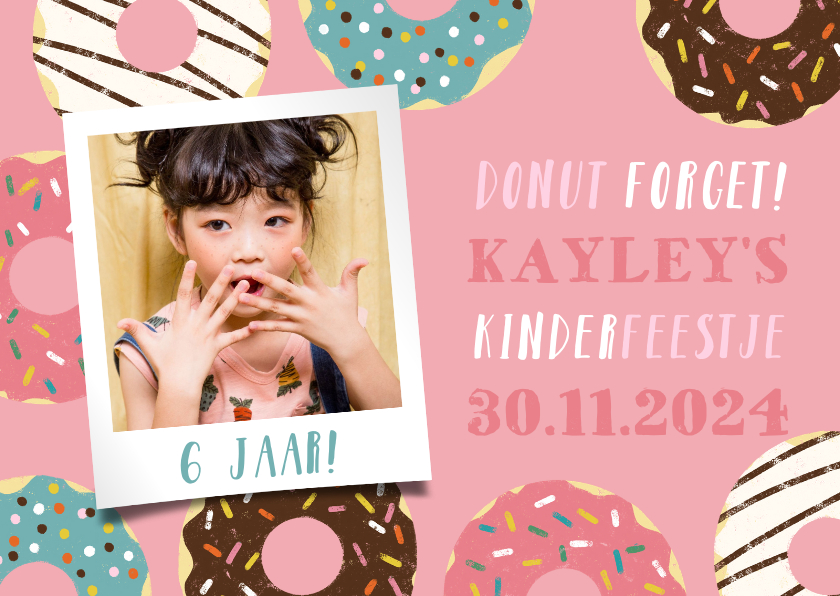 Kinderfeestjes - Vrolijke uitnodiging kinderfeestje met donuts en foto's