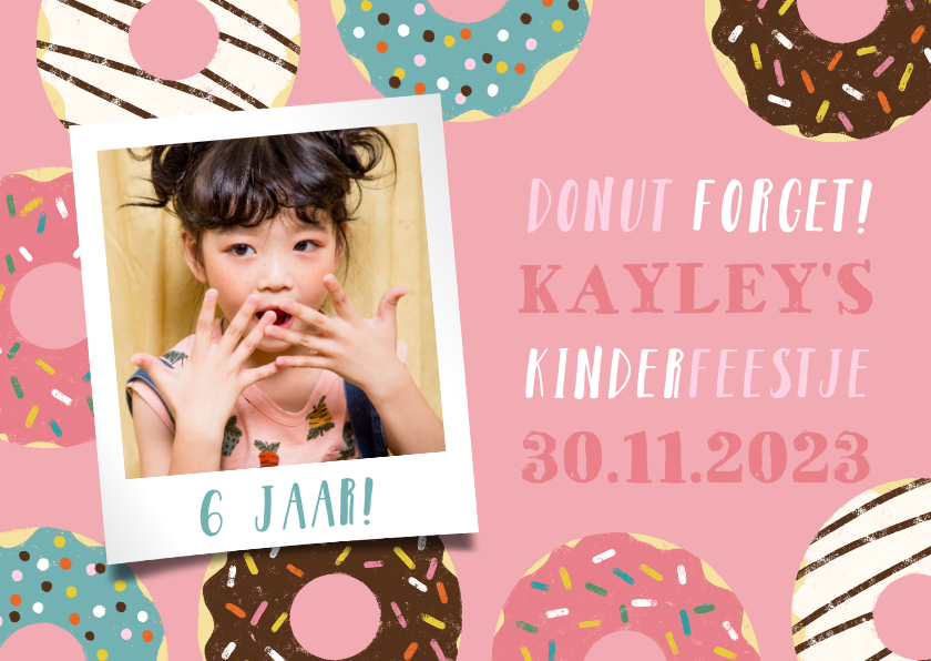 Vrolijke uitnodiging kinderfeestje met donuts en foto's - Kinderfeestjes Kinderfeestjes - Vrolijke uitnodiging kinderfeestje met donuts en foto's