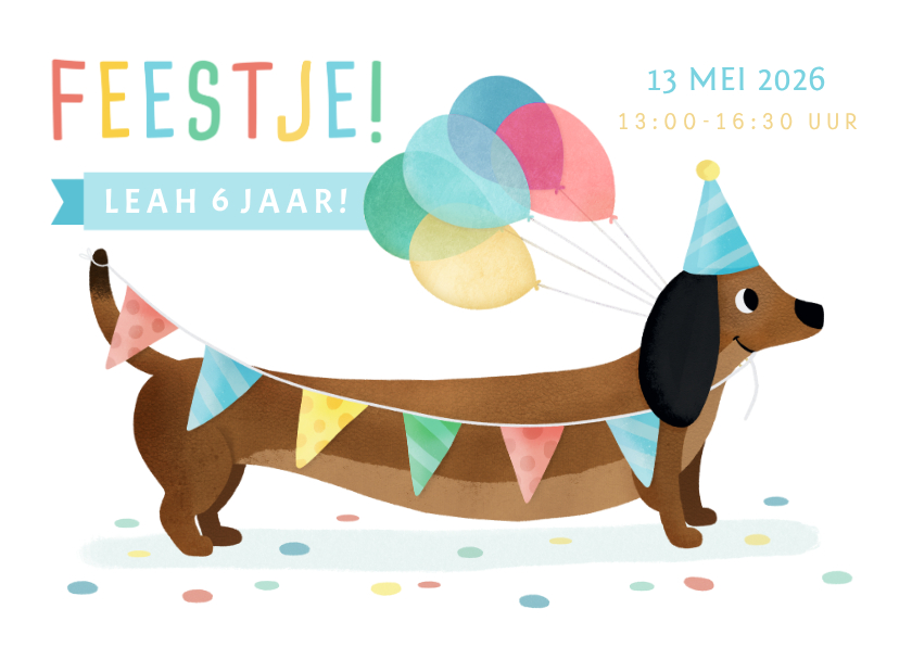 Kinderfeestjes - Vrolijke uitnodiging voor een kinderfeestje met teckel 