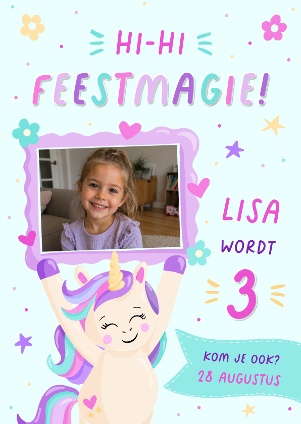 Vrolijke unicorn uitnodiging voor een verjaardag - Kinderfeestjes Kinderfeestjes - Vrolijke unicorn uitnodiging voor een verjaardag