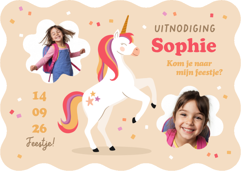 Kinderfeestjes - Wave uitnodiging kinderfeestje unicorn confetti foto's feest