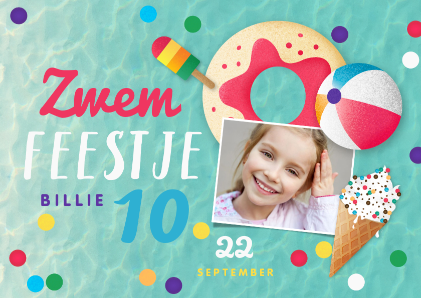 Kinderfeestjes - Zwemfeest meisje vrolijk kleurrijk confetti ijsjes foto