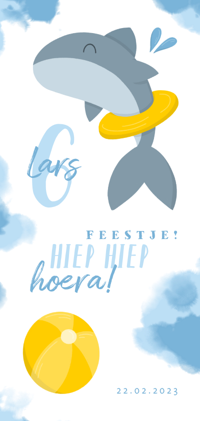 Zwemfeestje uitnodiging haai met band en bal - Kinderfeestjes Kinderfeestjes - Zwemfeestje uitnodiging haai met band en bal