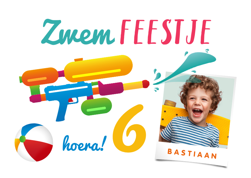 Kinderfeestjes - Zwemfeestje uitnodiging zomer zwemmen supersoaker foto