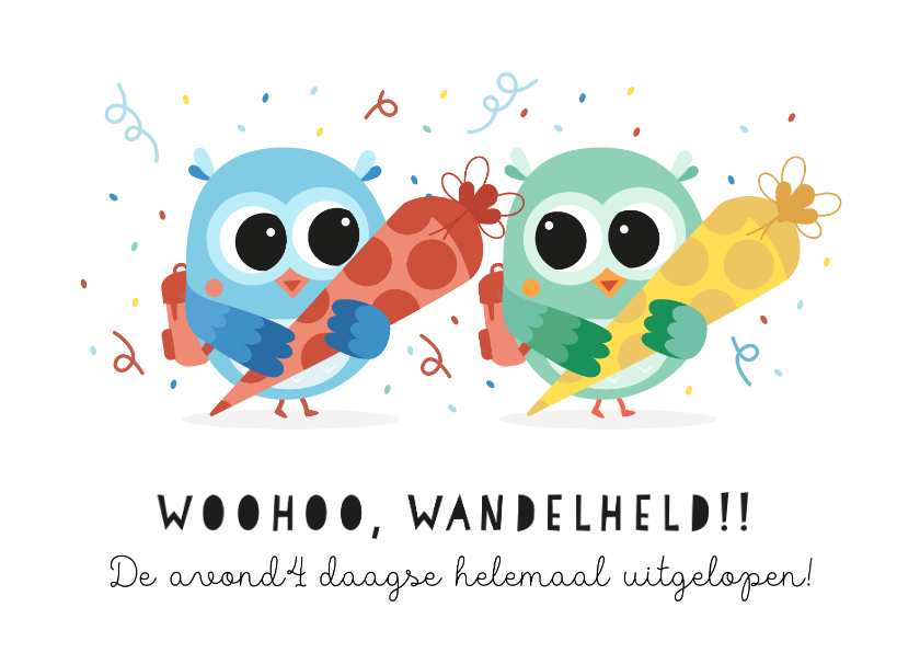 Kinderkaarten - Felicitatiekaart avondvierdaase gehaald met 2 uiltjes
