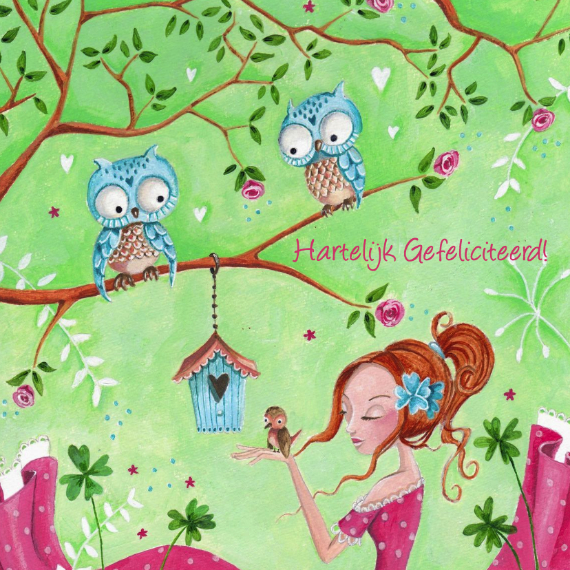 Jarig meisje Vogel Uil Illustratie - Kinderkaarten Kinderkaarten - Jarig meisje Vogel Uil Illustratie