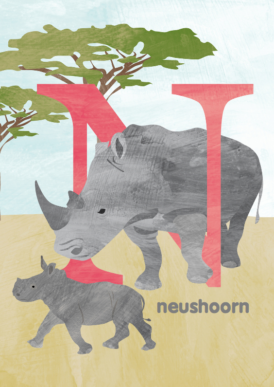 Kinderkaarten - N van neushoorn