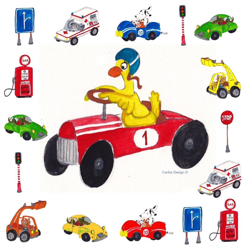 Sport Auto Eend jongen - Kinderkaarten Kinderkaarten - Sport Auto Eend jongen