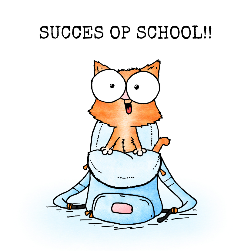 Succes kaart poes in schooltas - Succes op school! - Kinderkaarten Kinderkaarten - Succes kaart poes in schooltas - Succes op school!