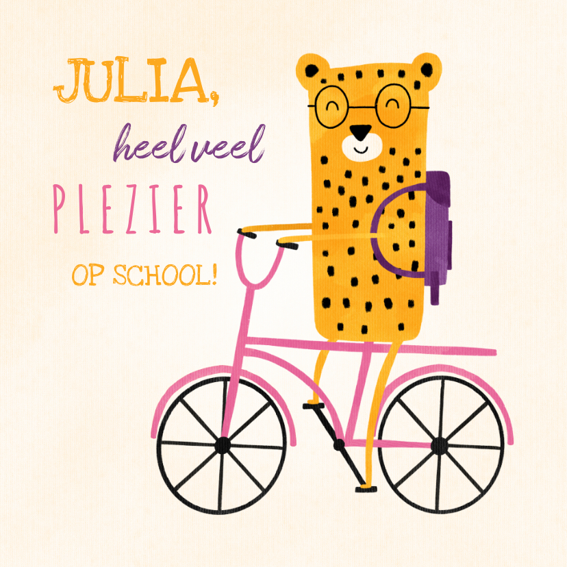 Kinderkaarten - Succes kaart school met luipaardje op roze fiets