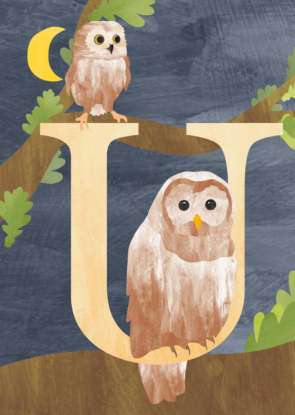 U van uil letterkaart - Kinderkaarten Kinderkaarten - U van uil letterkaart