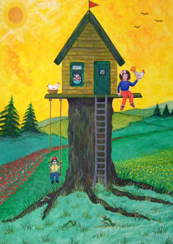 Vrolijke kinderkaart kinderen bij een boomhuis - Kinderkaarten Kinderkaarten - Vrolijke kinderkaart kinderen bij een boomhuis