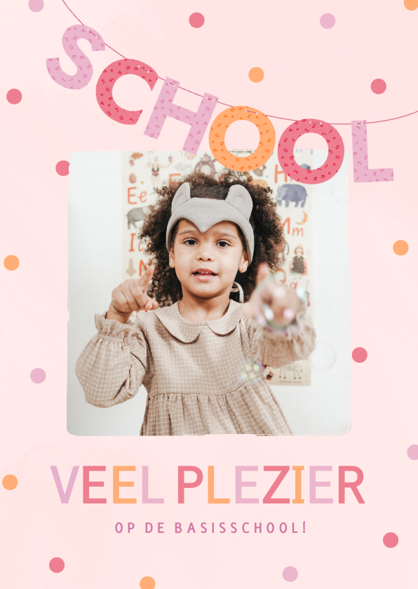 Kinderkaarten - Vrolijke roze kinderkaart veel plezier op school