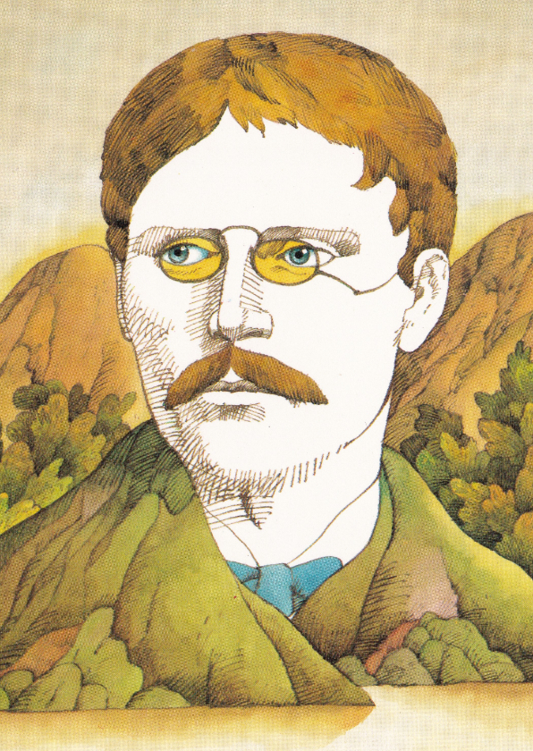 Kunstkaarten - Bijzondere illustratie van een man tussen de bergen