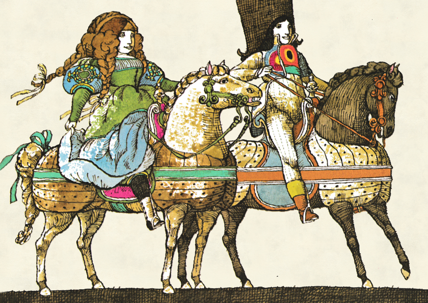 Kunstkaarten - Bijzondere kaart van een jongen en een meisje op paarden