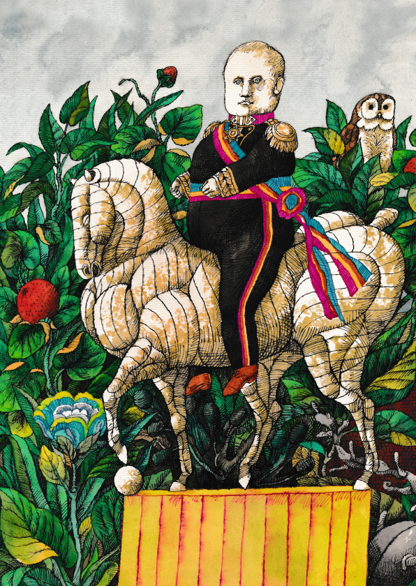 Kunstkaarten - Grappige kaart van een man op een stenen paard met uil