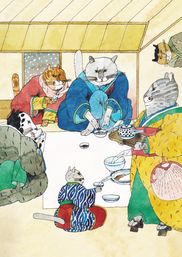 Kunstkaarten - Grappige kaart van Japanse theedrinkende poezen