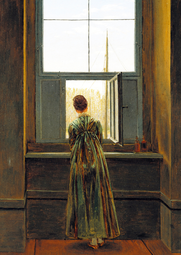 Kunstkaarten - Kunstkaart van Friedrich. Vrouw bij het raam
