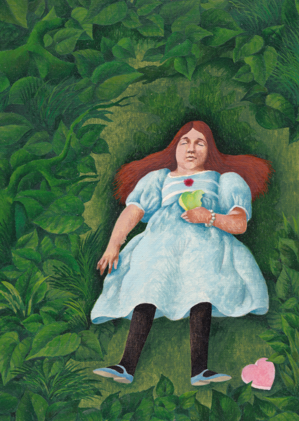 Kunstkaarten - Liefdevolle kaart van een meisje in het gras met een hart