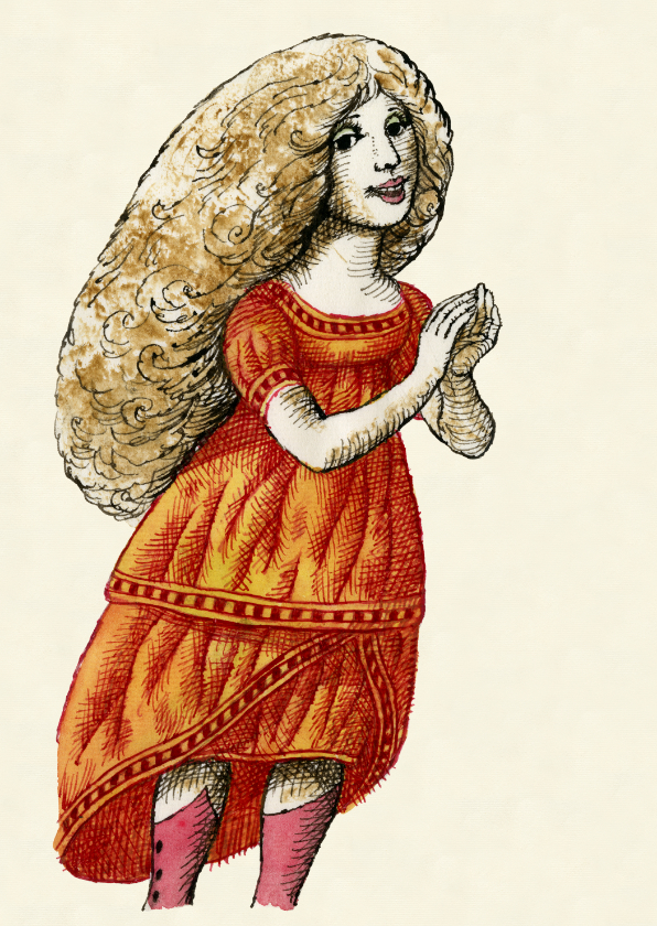 Kunstkaarten - Lieve kaart met een meisje in een rode jurk die bedankt