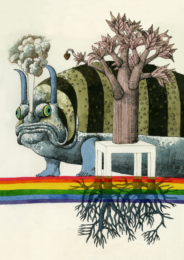 Kunstkaarten - Lieve kaart met een vriendelijke draak en een regenboog