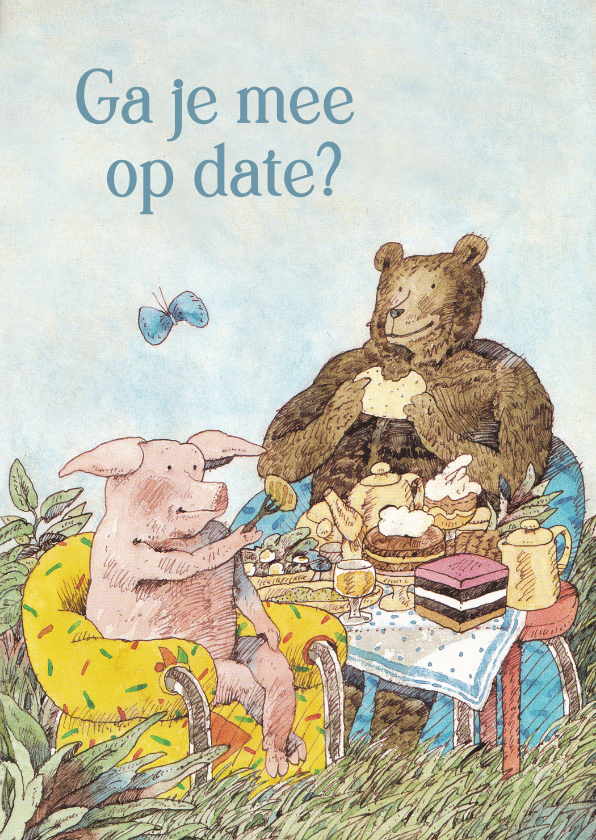 Kunstkaarten - Lieve kaart van een varken en beer op een picknick