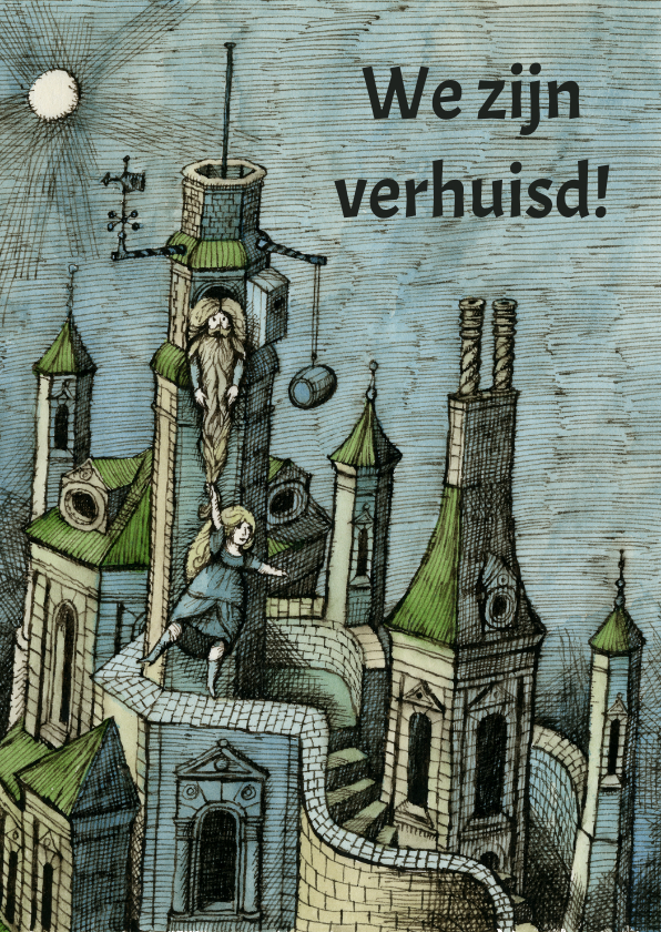 Kunstkaarten - Originele kaart van twee mensen in een kasteel