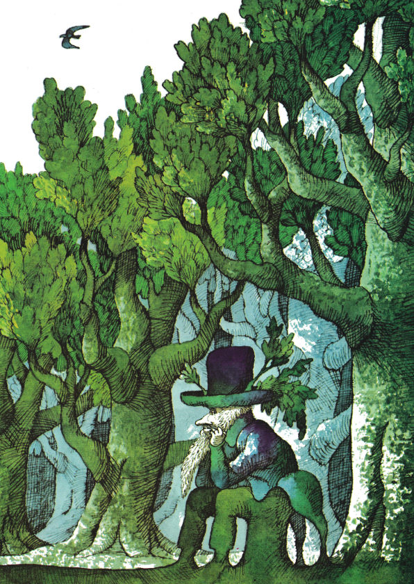 Kunstkaarten - Unieke kaart van een peinzende man in een bos met vogel