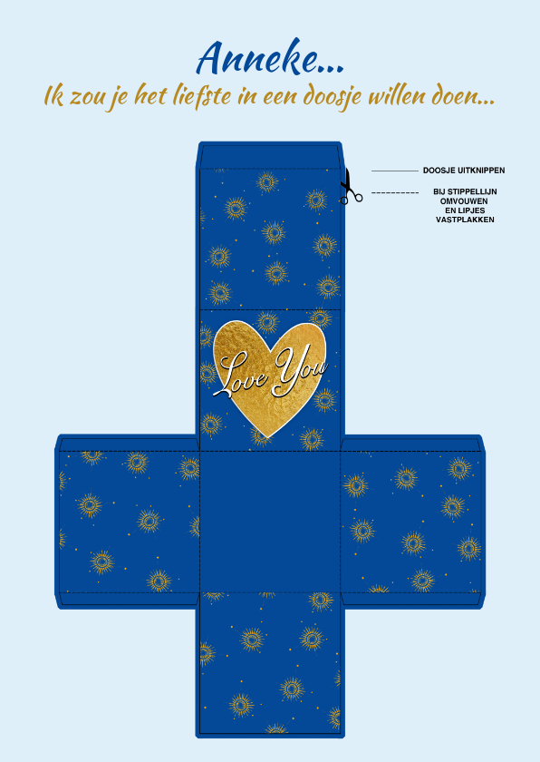 Blauw doosje met zonnetjes en tekst: Love You - Liefde kaarten Liefde kaarten - Blauw doosje met zonnetjes en tekst: Love You
