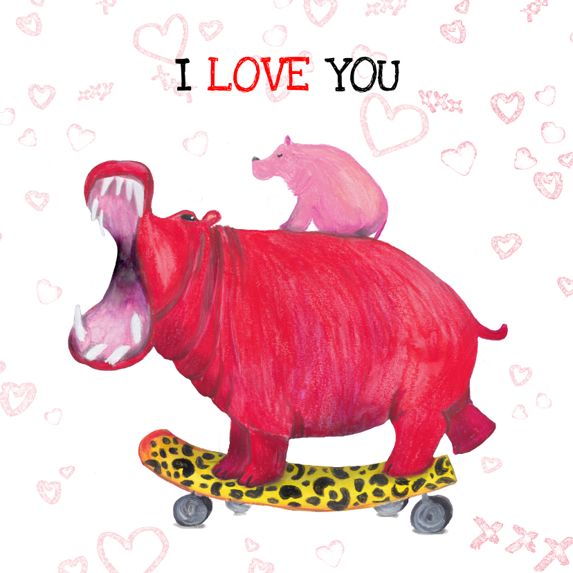 Liefde kaarten - Grappige kaart met een nijlpaard die verliefd is