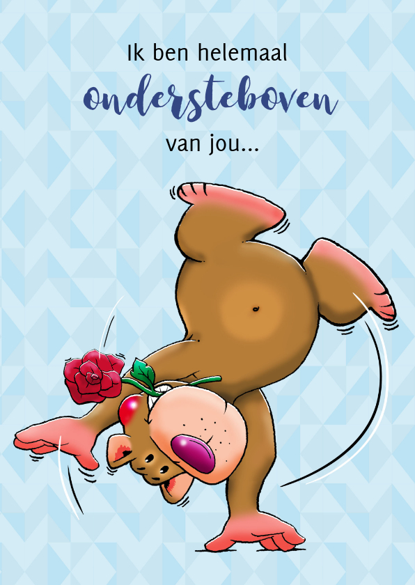Leuke liefde kaart knuffelbeertje ondersteboven met roos - Liefde kaarten Liefde kaarten - Leuke liefde kaart knuffelbeertje ondersteboven met roos