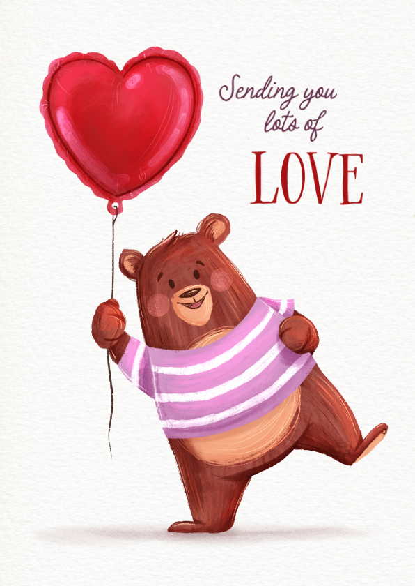 Liefde kaarten - Liefde kaart met een schattig beertje en hartjesballon 