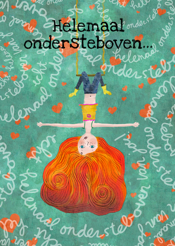 Liefde-kaart met meisje ondersteboven op schommel - Liefde kaarten Liefde kaarten - Liefde-kaart met meisje ondersteboven op schommel
