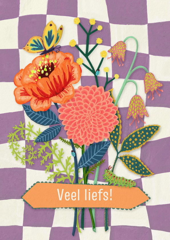 Liefde kaarten - Liefde kaart veel liefs kaart met boeketje bloemen