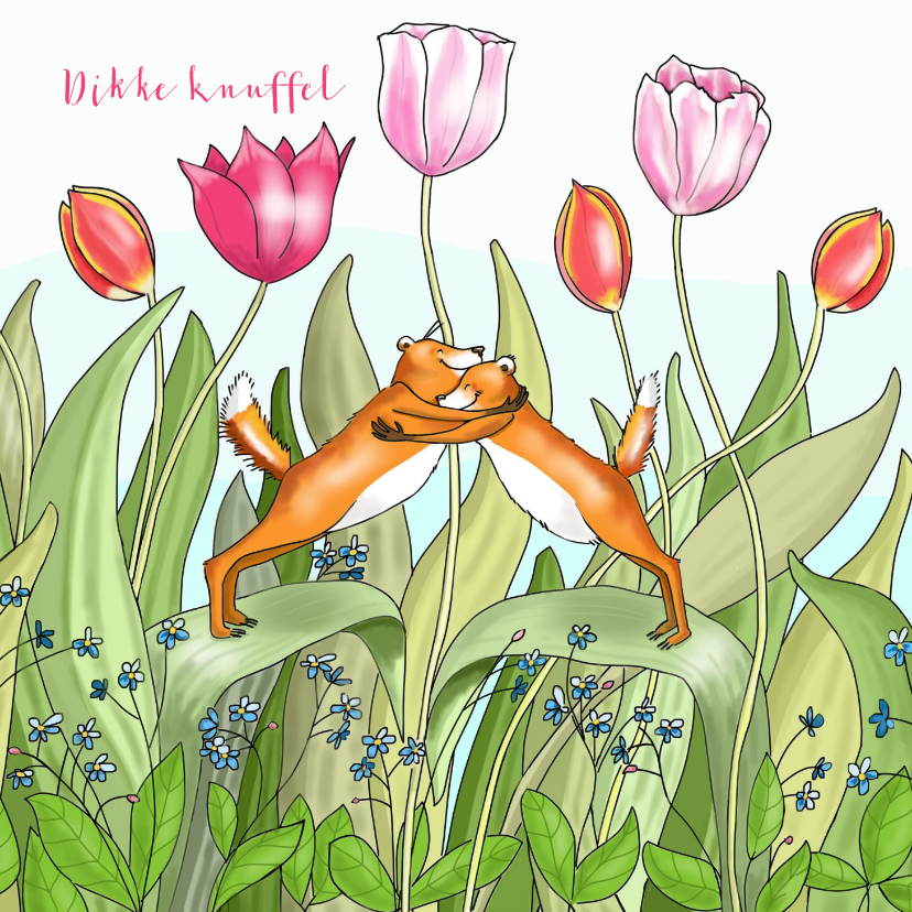 Liefde - knuffelende vosjes tussen de tulpen - Liefde kaarten Liefde kaarten - Liefde - knuffelende vosjes tussen de tulpen