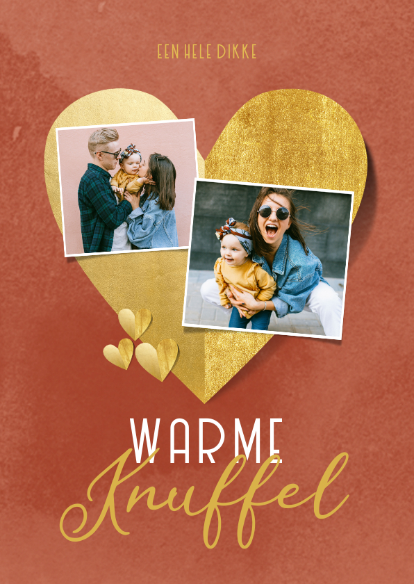 Liefde kaarten - Liefdekaart warme knuffel gouden hartjes foto's rood