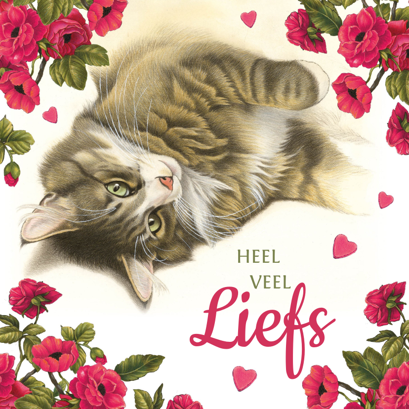 Liefde kaarten - Liefdeskaart met liggende kat, bloemen en hartjes