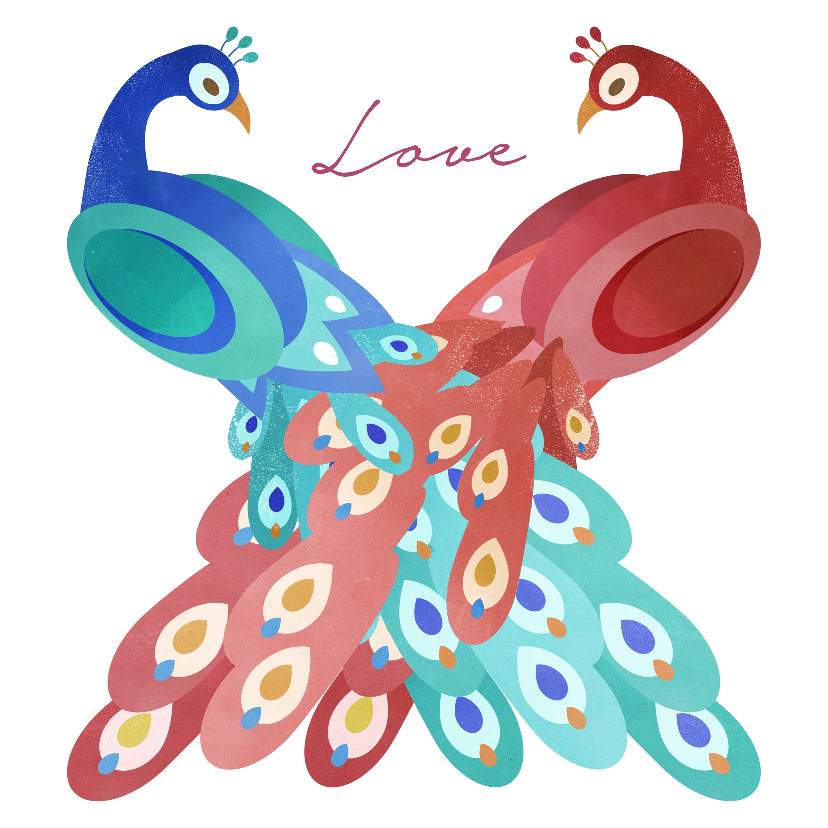 Liefdeskaart met twee pauwen - Liefde kaarten Liefde kaarten - Liefdeskaart met twee pauwen