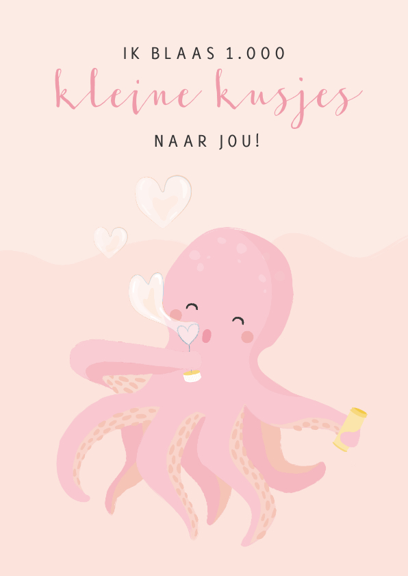 Liefde kaarten - Roze liefde kaart met illustratie van een octopus
