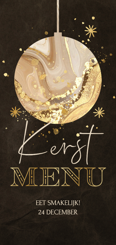 Menukaarten - Donkerbruine kerstdiner menukaart met marmer kerstbal