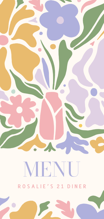 Menukaarten - Hippe 21 diner menukaart met pastel bloemen illustratie