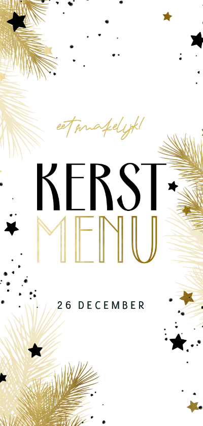 Kerstmenu kaart zwartwit met gouden kersttakjes en sterren - Menukaarten Menukaarten - Kerstmenu kaart zwartwit met gouden kersttakjes en sterren