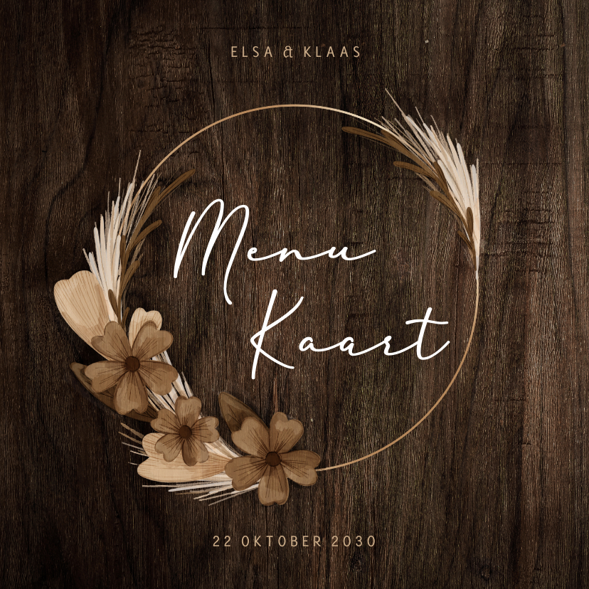 Menukaart in houtlook met kader van droogbloemen - Menukaarten Menukaarten - Menukaart in houtlook met kader van droogbloemen