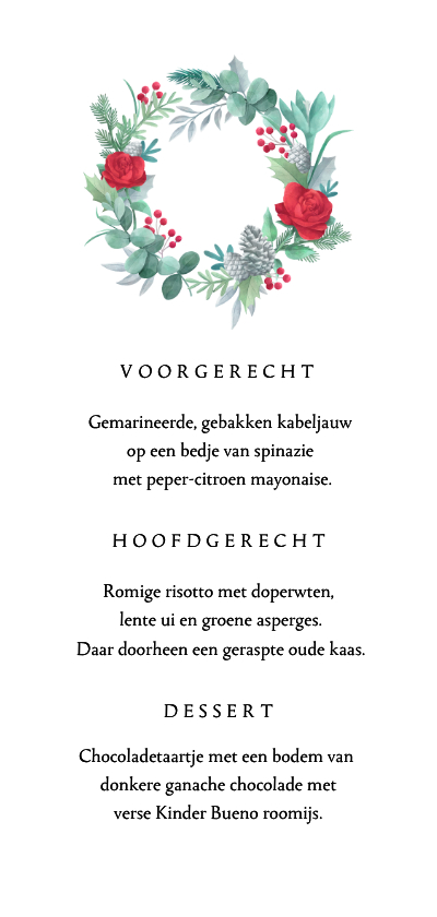 Menukaart kerstdiner krans rozen foto sneeuw - Menukaarten Menukaarten - Menukaart kerstdiner krans rozen foto sneeuw