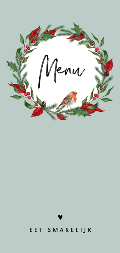 Menukaart kerstdiner met kerstblaadjes en roodborstje - Menukaarten Menukaarten - Menukaart kerstdiner met kerstblaadjes en roodborstje
