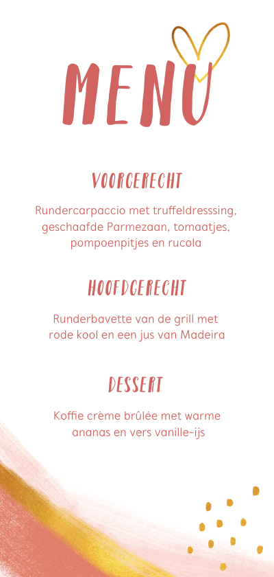 Menukaarten - Menukaart voor een diner stijlvol met roze en goud