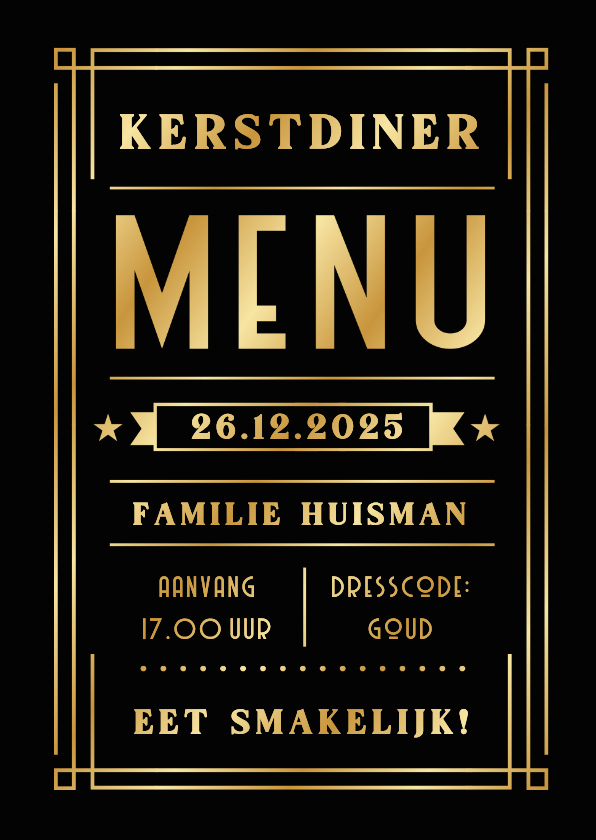 Menukaarten - Menukaart voor het kerstdiner in filmposter Art-deco stijl