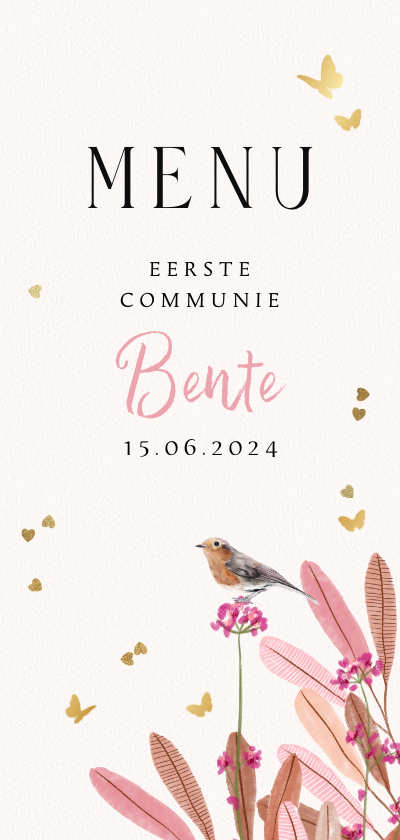 Stijlvol menukaartje botanisch vlinders vogeltje - Menukaarten Menukaarten - Stijlvol menukaartje botanisch vlinders vogeltje