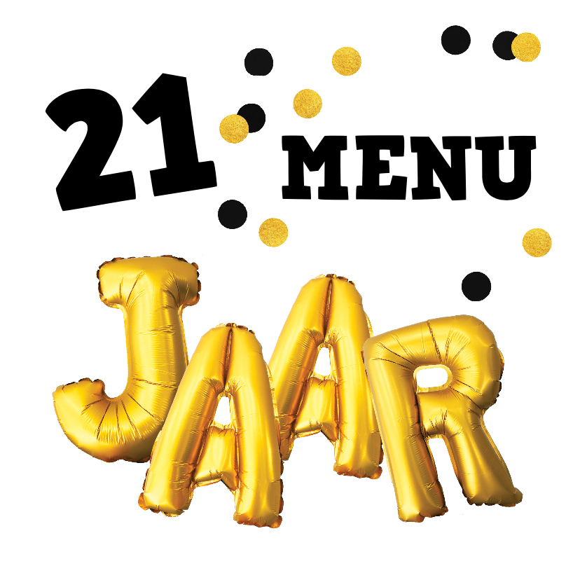 Menukaarten - Uitnodiging 21-diner menukaart confetti goud zwart